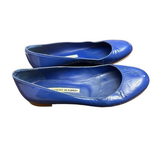 Manolo Blahnik Blue  Patent Leather Round Toe Flats Size 38 - Picture 2 of 8